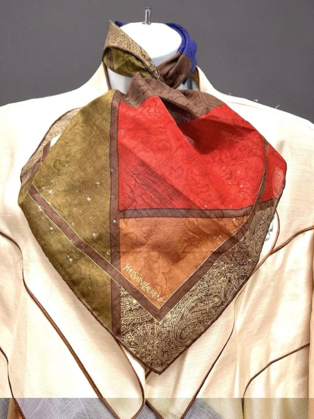 Yves Saint Laurent Silk/Cotton  Mini Scarf Brown Gold Black Blue White (28)